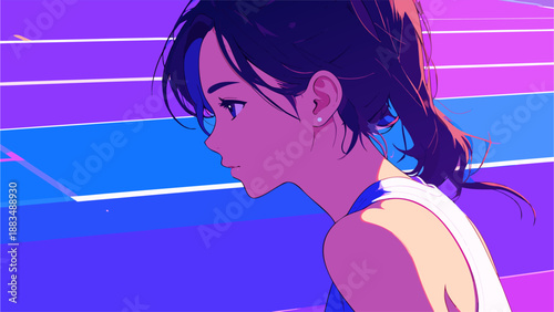 Female athlete profile illustration on blue sport court background
