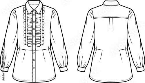 Women Long Sleeve Ruffle Front Button Down Blouse Technical Fashion Flat Sketch Vector Template with Peplum Waist Gathering and Back Yoke Detail for Design