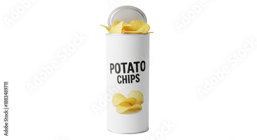 Potato chips overflowing from a white can with open lid and a background isolated on transparent background