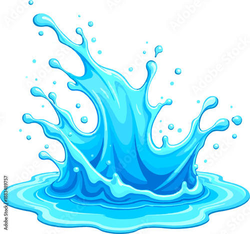 Water splash illustration with dynamic motion and droplets in cute cartoon style, perfect for game effects, liquid animation, fantasy scenes and dynamic action designs