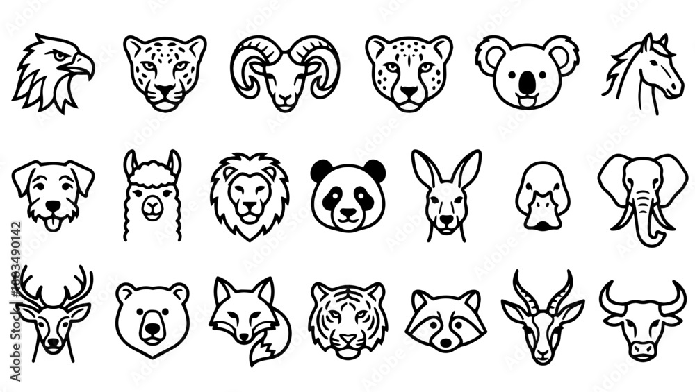 Fototapeta premium Stylized Animal Head Line Art Icon Set, animal icons, animal heads, line art, black and white, stylized animals, eagle, panther, ram, cheetah, koala, horse, dog, llama, lion, panda, kangaroo, duck,