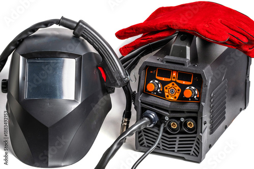 Canvas Print Welding machine,electric welding mask and gloves on white background