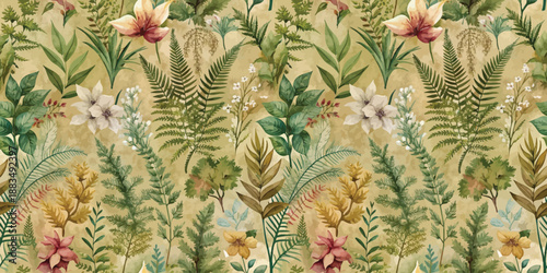 Vibrant botanical wallpaper featuring a variety of floral and fern patterns in earthy tones.