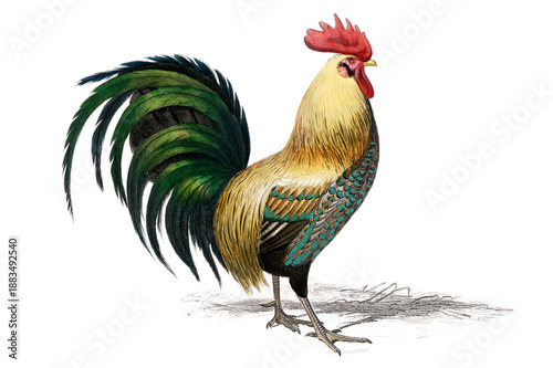 A colorful domestic rooster with a red comb and white feathers stands isolated on a plain background and in a rural farm garden