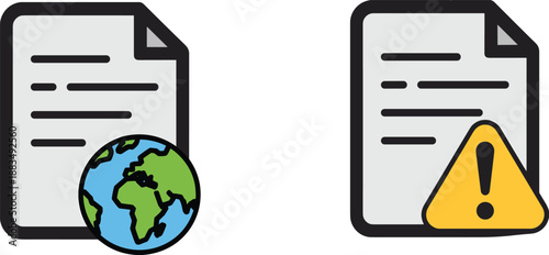 Document file icons illustration set with global access and warning alert symbols, flat style business and web interface graphics isolated on white background
