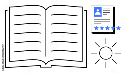 Open book with blank pages, profile document featuring user rating stars, and sun icon representing learning, personal growth, knowledge sharing, self-improvement, scholarship, education, creativity