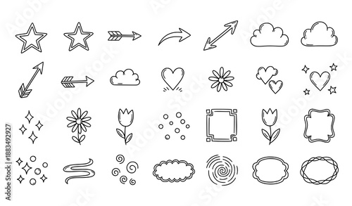 Cute doodle line decoration element icon set hand drawn sketch