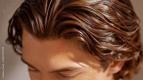 An analytical derma view showcases the essence entering the hair follicle, emphasizing the interconnected systems of skin and hair and the importance of hydration for overall hair health. cinematic