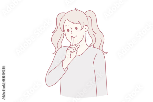 Silence and gesture language concept. Smiling girl standing showing silent gesture with hand finger over closed mouth asking to be calm vector illustration