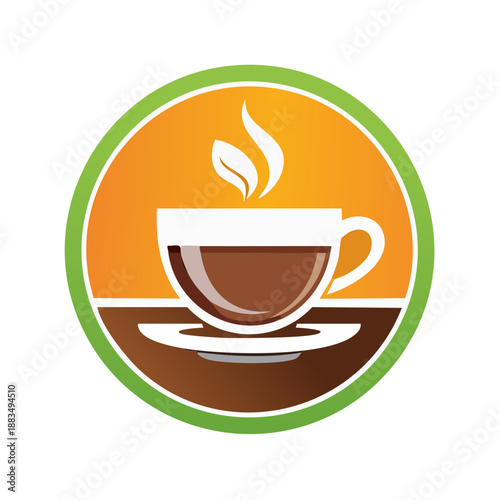 A vector graphic illustration of a steaming cup of coffee in a circular logo with a green border