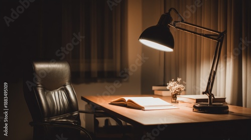 Cozy and Inviting Workspace with Book, Desk Lamp and Chair Highlighting a Serene Atmosphere for Creative or Productive Moments in Home Office