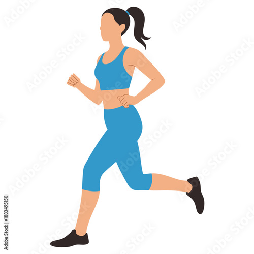 Woman jogs dynamically in bright blue athletic wear emphasizing.