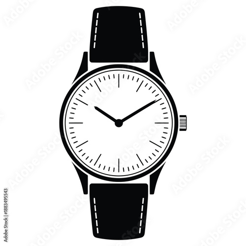 Classic analog wrist watch with leather strap icon on white.