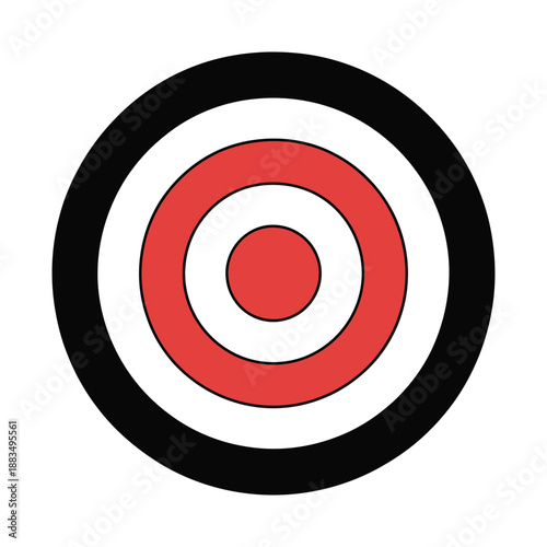 Concentric target with red and black rings represents accuracy.