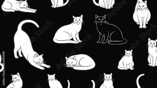 Artistic seamless pattern featuring hand-drawn white and black cat silhouettes in various playful poses on a solid black background.