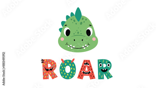 Playful illustration of a friendly green dinosaur head with the word roar written in colorful monster-themed letters below.