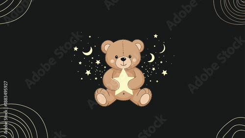 Dreamy illustration of a cute teddy bear sitting and hugging a glowing yellow star surrounded by moons on a dark background.