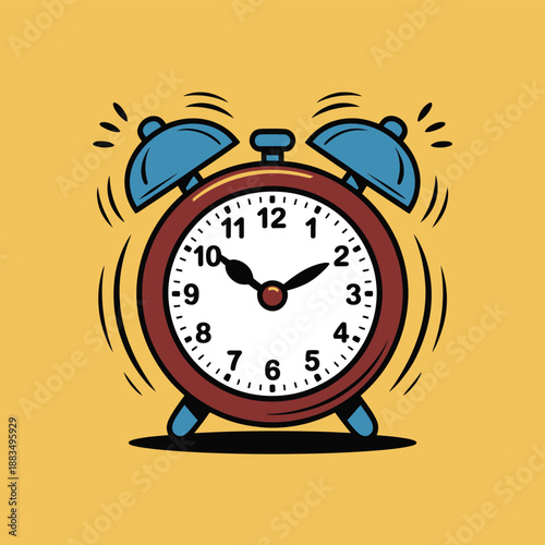 Red retro alarm clock rings loudly on a warm yellow background.