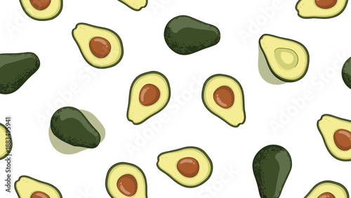 Vibrant seamless pattern of fresh avocado halves and whole fruits with realistic textures on a crisp white background.