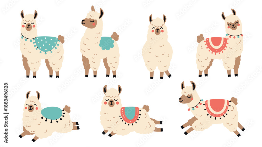 Obraz premium collection of seven cute white llamas in different standing and lying poses decorated with colorful saddles and festive pom pom collars.