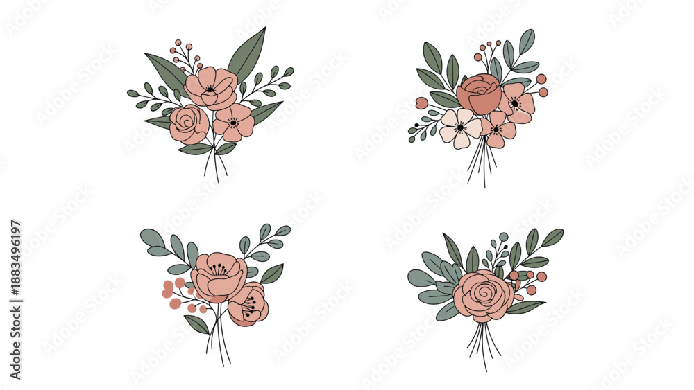 Obraz premium set of four elegant flower bouquets in soft pink and muted green colors featuring roses and berries in a hand drawn style illustration.