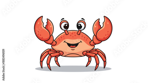 friendly orange cartoon crab character with large eyes and a big happy smile standing with its claws raised in a playful pose illustration.