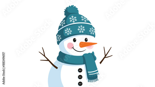cheerful winter snowman character wearing a teal knitted hat with white snowflake patterns and a matching warm scarf for cold weather.