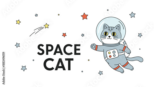 cute gray and white astronaut cat floating in outer space wearing a futuristic space suit and helmet surrounded by stars illustration.