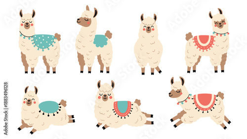 collection of seven cute white llamas in different standing and lying poses decorated with colorful saddles and festive pom pom collars.