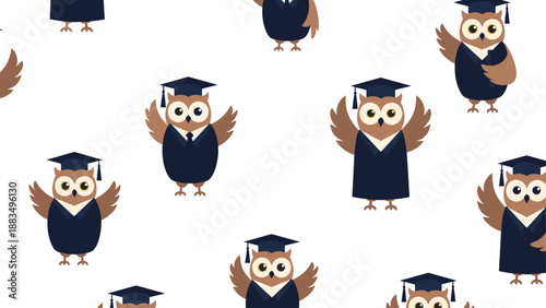 seamless pattern of cute brown owls wearing dark blue graduation gowns and caps with tassels celebrating academic success over white background.
