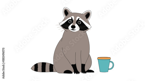 cute gray raccoon sitting next to a turquoise travel mug looking forward with a curious expression over a white background illustration.