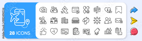Stop shopping, Flight destination and Night city line icons. Interest rate, AI generate, Inflation icons. Pack of Exam time, Star, Balloon dart icon. Calendar tax, Volunteer, Timer pictogram. Vector