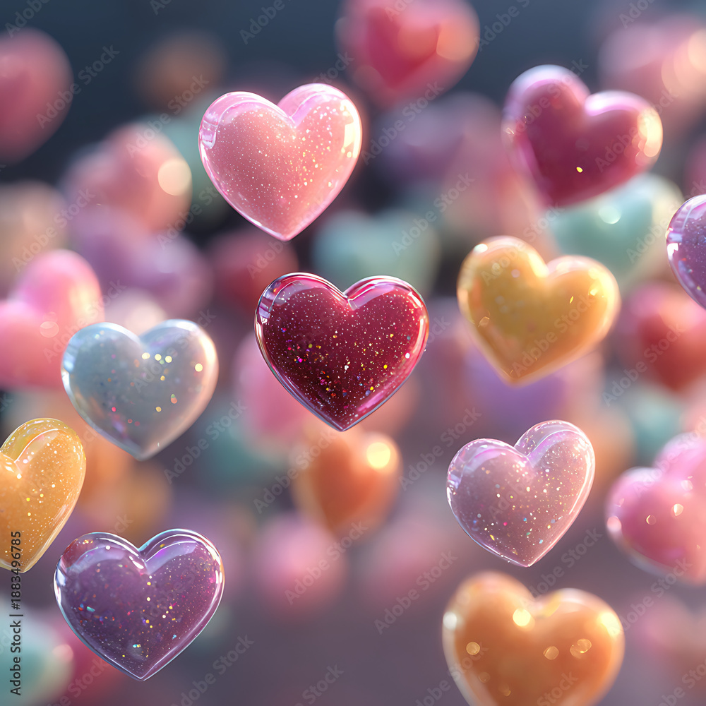 Fototapeta premium Floating translucent glass hearts in pastel colors with sparkling particles, soft bokeh background and dreamy lighting, romantic abstract 3D render symbolizing love, joy and celebration