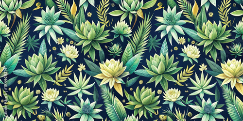 Vibrant floral pattern featuring various succulent plants and leaves on a deep blue background.