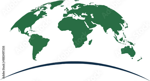 A distinct green world map, representing Earth, gracefully hovers above a subtle curved blue horizon line, set against an expansive, dark black background.