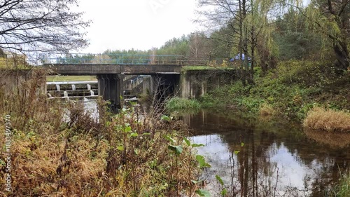 Willows and alders grow on the grassy banks of the river with clear water. There is a concrete bridge with a metal fence across the river, and a dam behind it. In autumn, the foliage turns yellow