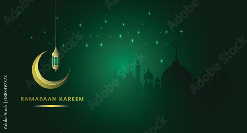 Ramadan Kareem Celebration Background with Crescent Moon and Golden Lantern