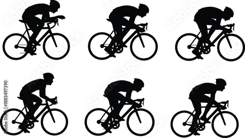Black silhouettes of cyclists riding bicycles in different positions bike cycling
