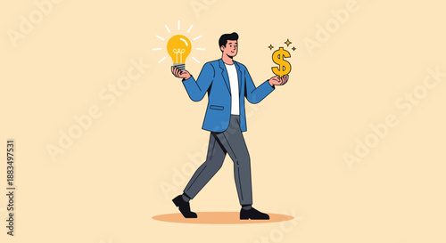 Businessman holding lightbulb and dollar sign representing idea and money.
