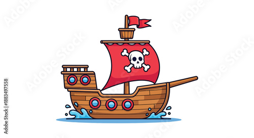 Cartoon Pirate Ship with Skull and Crossbones Flag.