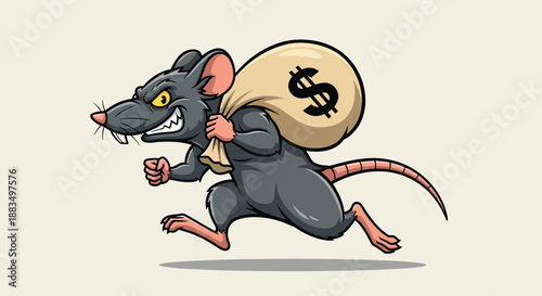 Cartoon Rat Running with Money Bag Illustration.