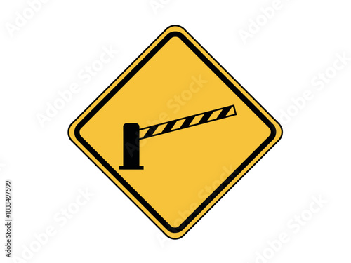 Road sign indicating roadwork or construction ahead with barrier