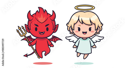 Cute cartoon devil and angel characters standing together.