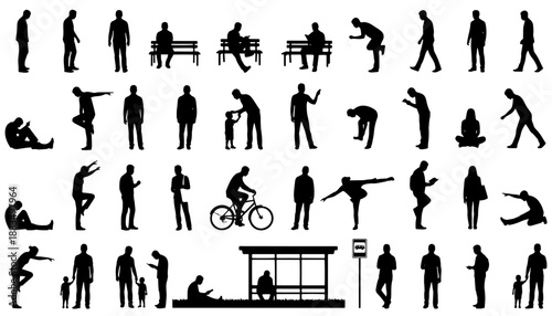 Set of 48 human silhouettes in various urban and daily life poses: walking, sitting on a bench, waiting at a bus stop, stretching, bending, cycling, and standing.
Perfect for urban design, architectur
