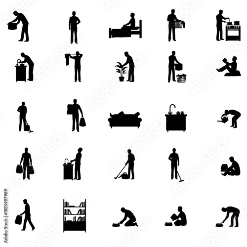 Set of 32 human silhouettes performing daily household activities and home tasks.
People cleaning, cooking, carrying boxes, watering plants, resting, and working at home for design, infographics