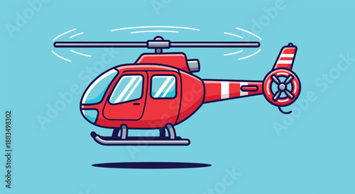 Red Helicopter Flying in the Sky with Rotating Blades.