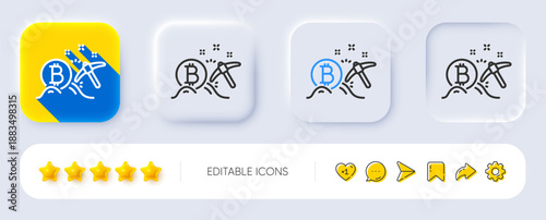 Bitcoin mining line icon. Neumorphic, Flat shadow, 3d buttons. Cryptocurrency coin sign. Crypto money pickaxe symbol. Line bitcoin mining icon. Social media icons. Vector