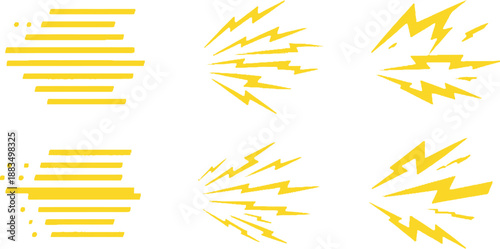 A striking array of yellow speed lines and jagged lightning bolts is dynamically presented on a dark background, effectively conveying rapid motion and sudden bursts of energy.