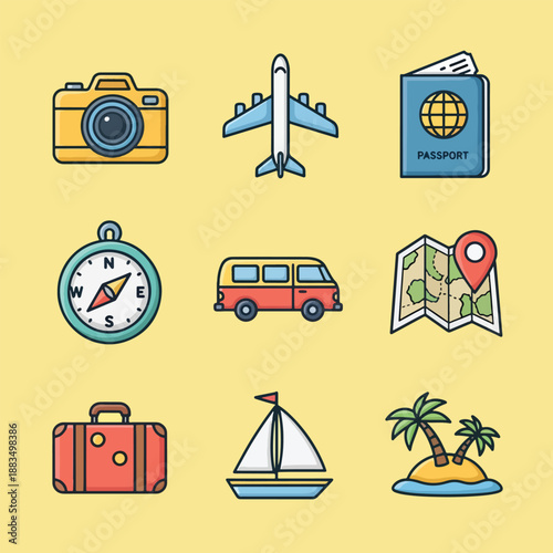 Travel and tourism icons set with camera airplane passport compass van map suitcase sailboat island.