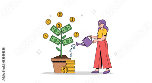 Woman watering money tree with coins and banknotes growing.
